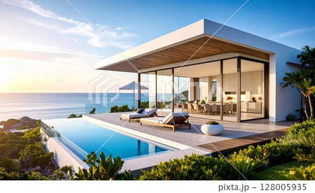 Luxury tropical resort hotel with a stunning pool overlooking the beach and turquoise sea, perfect for a summer island vacation Luxury tropical resort hotel with a stunning pool overlooking the beach and turquoise sea, perfect for a summer island vacation 128005935