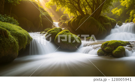Beautiful waterfall in the forest. Twilight with sunlight. 128005941