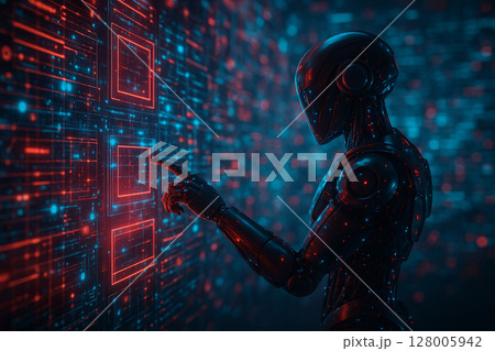 AI generated futuristic image of an intelligent android interacting with a 3D holographic interface in high tech data center environment symbolizing AI control precision and digital network management AI generated futuristic image of an intelligent android interacting with a 3D holographic interface in high tech data center environment symbolizing AI control precision and digital network management 128005942