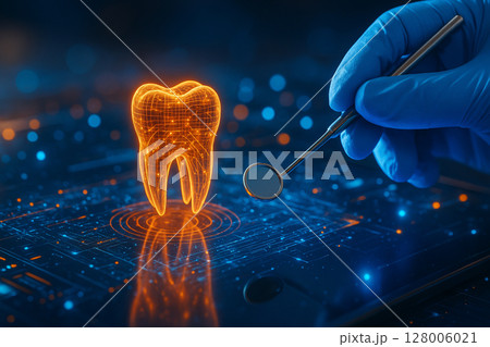 AI generated 3D holographic tooth glowing in orange examined with dental mirror on a futuristic digital surface combining precision health diagnostics and smart nano technology 128006021