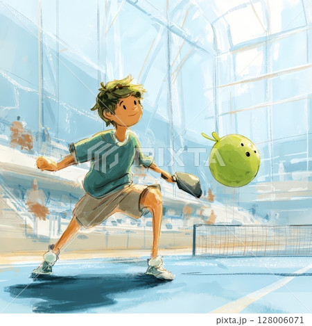 Young Player Engaged in Pickleball Match in Indoor Court 128006071