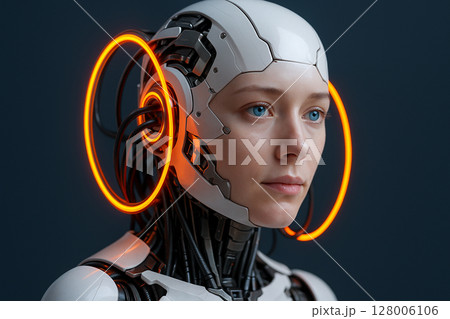 AI generated futuristic female android with human-like face and glowing orange circuit rings, expressing calm intelligence and deep digital cognition AI generated futuristic female android with human-like face and glowing orange circuit rings, expressing calm intelligence and deep digital cognition 128006106