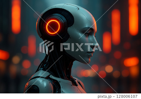 AI generated photorealistic sci-fi image of a feminine android in profile view with silver matte skin and glowing orange neural interface set against a blurry futuristic city background AI generated photorealistic sci-fi image of a feminine android in profile view with silver matte skin and glowing orange neural interface set against a blurry futuristic city background 128006107