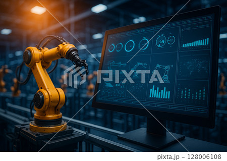 AI generated robotic arm operating beside digital control screen in smart factory environment showing real time charts graphs and automation data in a high tech production setting AI generated robotic arm operating beside digital control screen in smart factory environment showing real time charts graphs and automation data in a high tech production setting 128006108