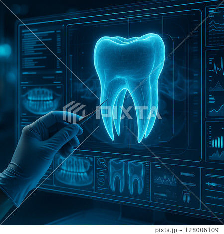 AI generated dentist hand interacts with a glowing holographic tooth on a high tech digital interface displaying xray scans and biometrics for real time diagnosis in a futuristic clinical setting AI generated dentist hand interacts with a glowing holographic tooth on a high tech digital interface displaying xray scans and biometrics for real time diagnosis in a futuristic clinical setting 128006109