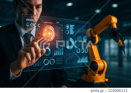 AI generated smart factory scene with a person interacting with a transparent holographic control panel and robotic arm in an automated production environment using real-time digital interface 128006111