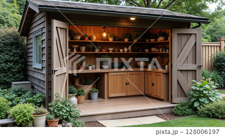 A storage room in the backyard used for garden decoration 128006197