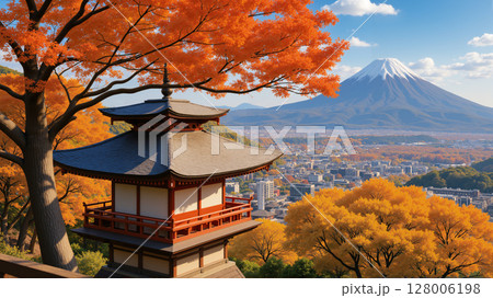 Japanese style building in autumn with Mt. Fuji in the background. 128006198