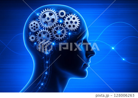 AI generated digital illustration of a human head in profile view with mechanical gears inside the brain representing automated thinking learning and machine intelligence in a sci-fi abstract style 128006263