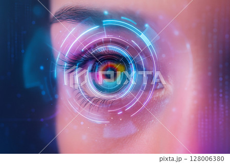 AI generated extreme close-up of a human eye blended with sci-fi technology and HUD interface suggesting data analysis vision in a high tech digital future AI generated extreme close-up of a human eye blended with sci-fi technology and HUD interface suggesting data analysis vision in a high tech digital future 128006380