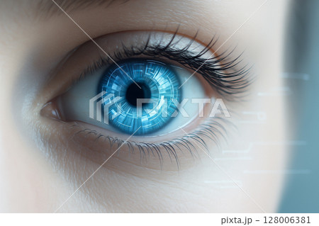 AI generated closeup of a glowing blue human eye enhanced with digital patterns showing futuristic technology vision and artificial intelligence concept AI generated closeup of a glowing blue human eye enhanced with digital patterns showing futuristic technology vision and artificial intelligence concept 128006381