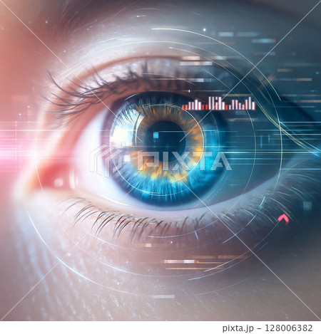 AI generated extreme close up of human eye with glowing iris and digital HUD elements representing advanced biometric scanning in futuristic medical technology AI generated extreme close up of human eye with glowing iris and digital HUD elements representing advanced biometric scanning in futuristic medical technology 128006382