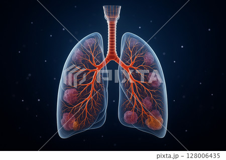 AI generated 3D digital render of transparent human lungs showing detailed bronchi bronchioles and alveoli structures in a sci-fi anatomical style on dark background 128006435
