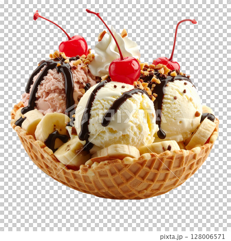 Delicious scoops of chocolate, vanilla, and strawberry ice cream with cherries, a sweet frozen dessert Delicious scoops of chocolate, vanilla, and strawberry ice cream with cherries, a sweet frozen dessert 128006571