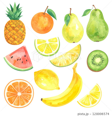Seamless background with a fresh collection of isolated citrus fruits, apples, pears, kiwi, strawberries, bananas, pineapples, and peaches on white Seamless background with a fresh collection of isolated citrus fruits, apples, pears, kiwi, strawberries, bananas, pineapples, and peaches on white 128006574