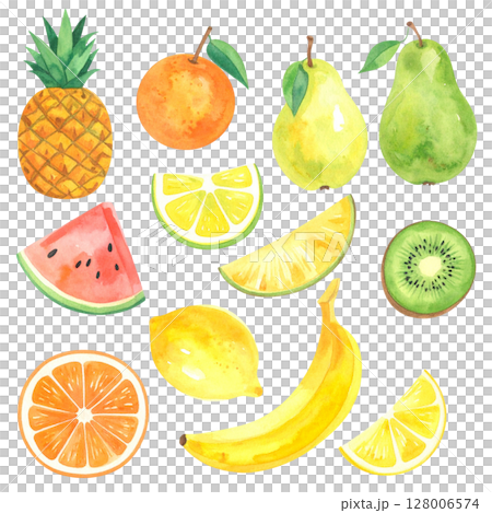 Seamless background with a fresh collection of isolated citrus fruits, apples, pears, kiwi, strawberries, bananas, pineapples, and peaches on white Seamless background with a fresh collection of isolated citrus fruits, apples, pears, kiwi, strawberries, bananas, pineapples, and peaches on white 128006574
