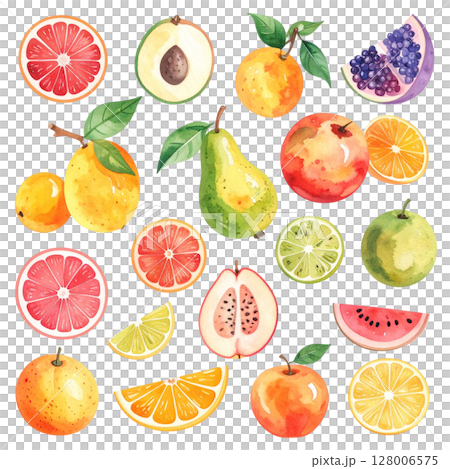 Seamless background with a fresh collection of isolated citrus fruits, apples, pears, kiwi, strawberries, bananas, pineapples, and peaches on white 128006575