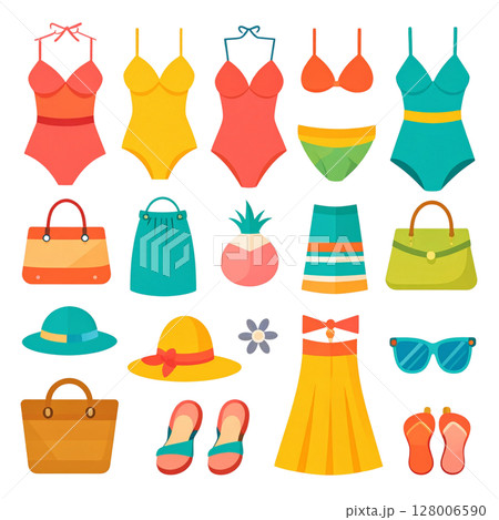 Stylish vector set of summer beach fashion accessories and clothing icons Stylish vector set of summer beach fashion accessories and clothing icons 128006590