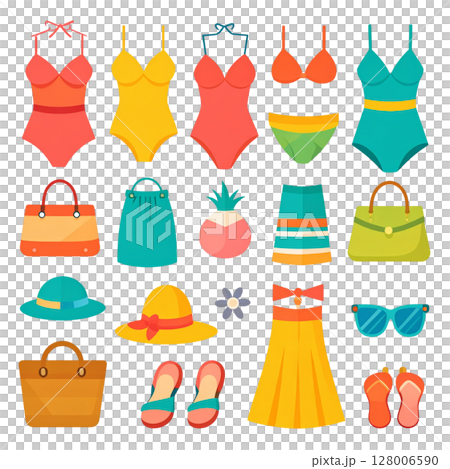 Stylish vector set of summer beach fashion accessories and clothing icons Stylish vector set of summer beach fashion accessories and clothing icons 128006590