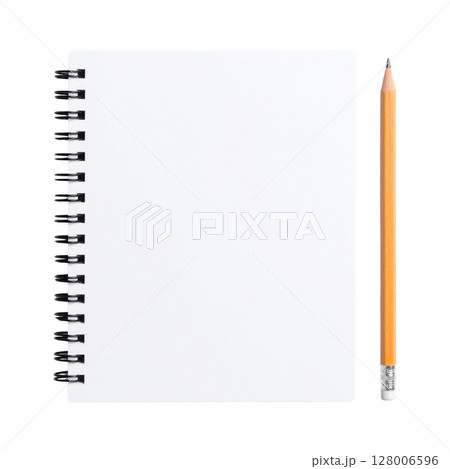 Blank notebook with a pen and pencil on an open page for office writing and business notes 128006596
