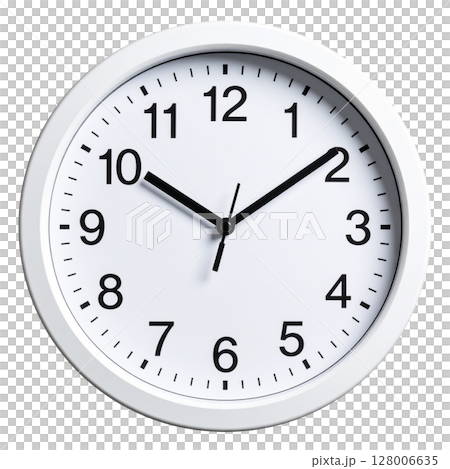 Black classic office wall clock with a white dial, isolated on a white background, showing the time with hour, minute, and second hands, a perfect symbol of business deadlines Black classic office wall clock with a white dial, isolated on a white background, showing the time with hour, minute, and second hands, a perfect symbol of business deadlines 128006635