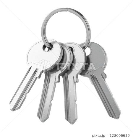 Silver metallic house keys on a ring, isolated on a white background, offering secure access and protection 128006639