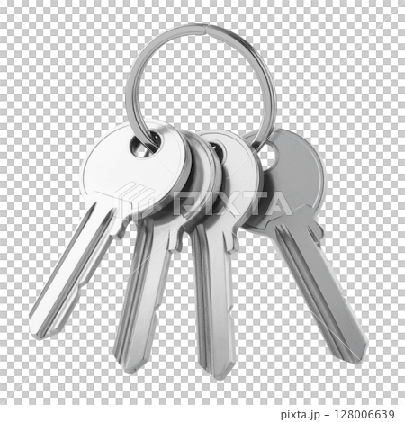 Silver metallic house keys on a ring, isolated on a white background, offering secure access and protection 128006639