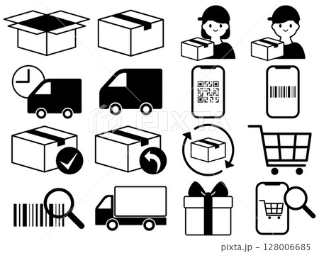配送と通販向けアイコン16種セット モノトーン 配送と通販向けアイコン16種セット モノトーン 128006685