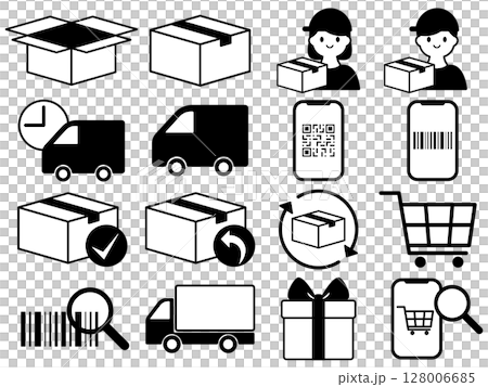 配送と通販向けアイコン16種セット モノトーン 配送と通販向けアイコン16種セット モノトーン 128006685