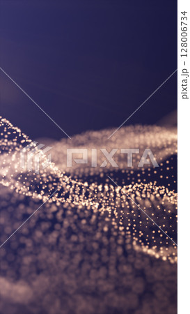 Abstract waves of golden dots forming flowing fields over a violet background, evoking data visualization and digital landscapes 128006734