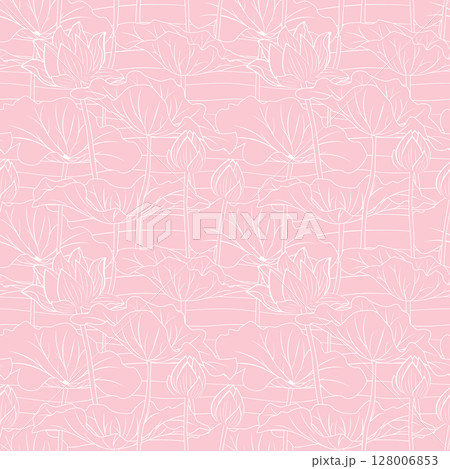 Hand drawn outline lotus with leaves seamless pattern on pink background 128006853