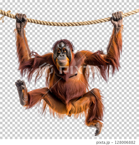 Isolated close-up portrait of a young, endangered Bornean orangutan, a hairy brown baby mammal, in the jungle Isolated close-up portrait of a young, endangered Bornean orangutan, a hairy brown baby mammal, in the jungle 128006882