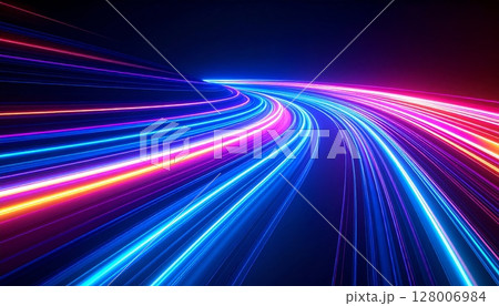 Colorful blurred lights create an abstract motion background depicting fast-moving traffic on a dark highway at night Colorful blurred lights create an abstract motion background depicting fast-moving traffic on a dark highway at night 128006984