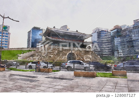 ソウル市にある崇礼門（スンネムン）通称、南大門（ナムデムン）の風景（オリジナル画像からAI生成） 128007127