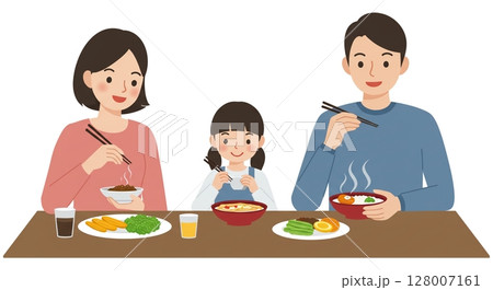 家族で囲む食卓 笑顔あふれる温かい団らんのひととき 128007161