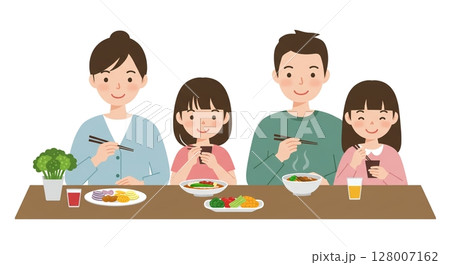 温かい日差しの中で家族と楽しむ、笑顔あふれる食事の時間 128007162