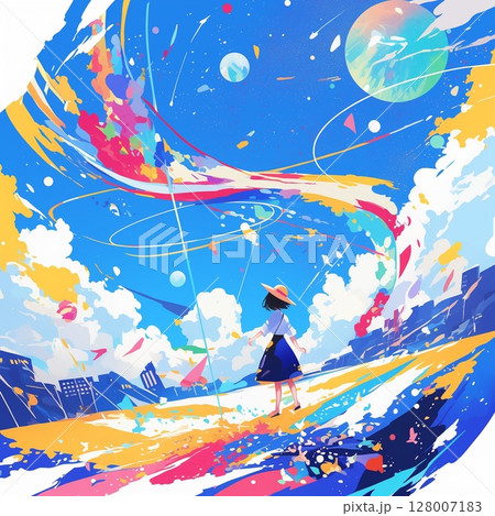 青空の下で空を見上げる少女と宇宙が交差する幻想風景 青空の下で空を見上げる少女と宇宙が交差する幻想風景 128007183