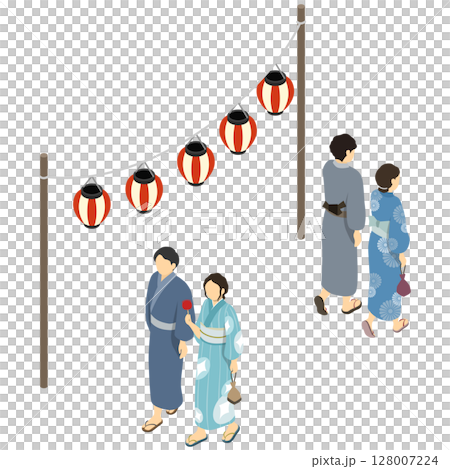 等距插畫：一對穿著浴衣、拿著燈籠的夫婦 128007224