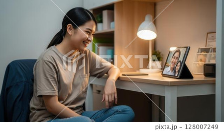 日本の自室から故郷の家族とビデオ通話をする技能実習生の女性 128007249