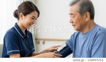高齢者男性の血圧を測定する訪問看護師 128007253