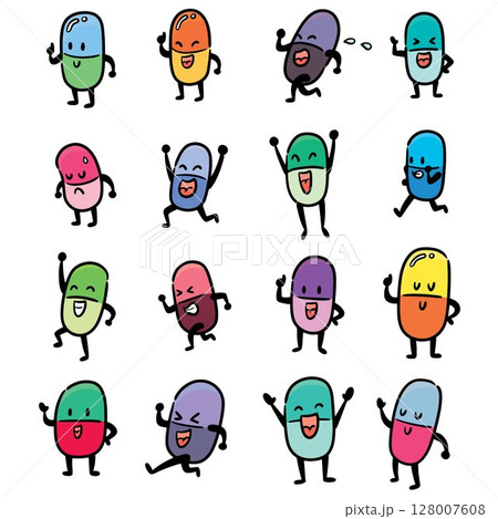 vector set of medicine capsule cartoon 128007608