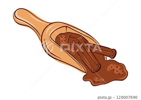 Illustration of wooden scoop with cinnamon sticks and powder on white background in flat style. Design for spice, food, baking ingredient and culinary decoration theme. 128007690