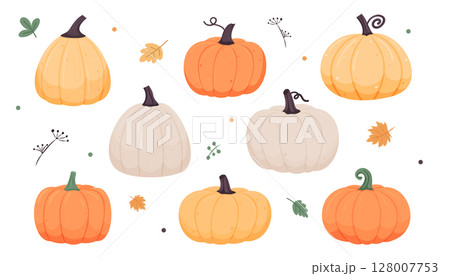 Pumpkins cute collection with leaves on white background. Autumn harvest, Thanksgiving, and seasonal decor Pumpkins cute collection with leaves on white background. Autumn harvest, Thanksgiving, and seasonal decor 128007753