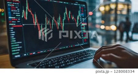Close-up of hands using a laptop with green and red stock market charts, analyzing investment opportunities. 128008334