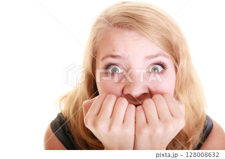 Afraid businesswoman frightened woman. Stress in work. 128008632