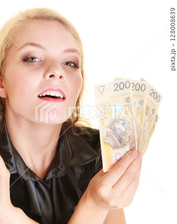 Happy woman holding polish currency money banknote. Happy woman holding polish currency money banknote. 128008639