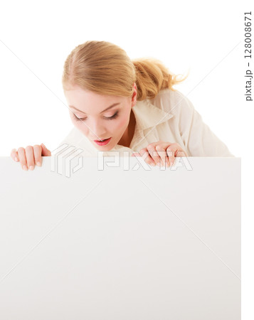 Businesswoman hiding behind blank copy space banner Businesswoman hiding behind blank copy space banner 128008671