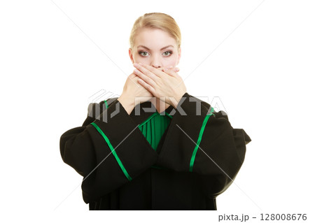 Woman lawyer barrister covering mouth with hands. Woman lawyer barrister covering mouth with hands. 128008676