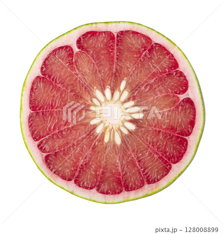 Whole and Sliced Red Pomelo isolated on a white Background 128008899