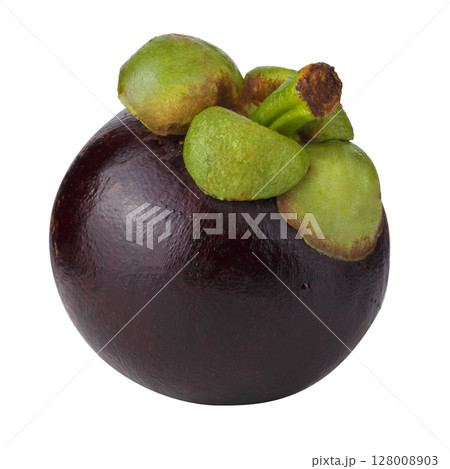 Whole mangosteen with purple rind isolated on a white background 128008903